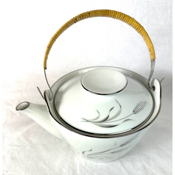 Vintage Noritake Prosperity Tea Pot Silver Wheat 6841 Bamboo Handle - Picture 3 of 12